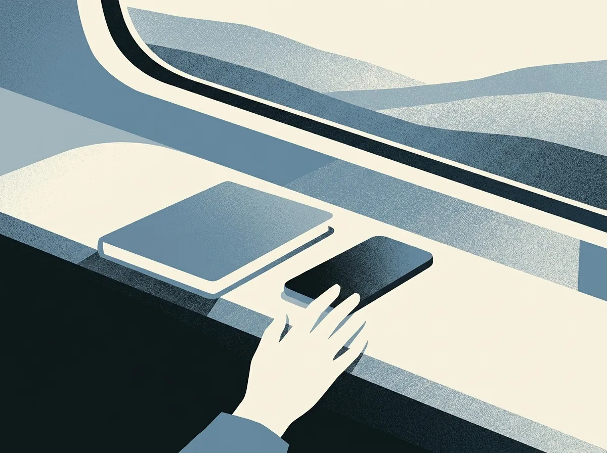 くすんだ青色の電車の窓辺のイラスト。窓際の台に閉じた手帳とスマホが置かれ、下から伸びてきた手がスマホに触れようとしている