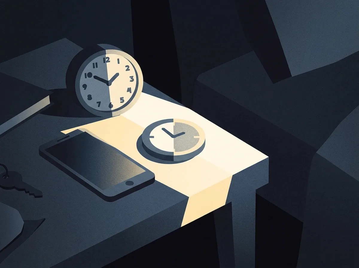 夜の小さなサイドテーブルのイラスト。光の帯の中に、10時を指す時計とタイマー、その横にスマホが置かれている