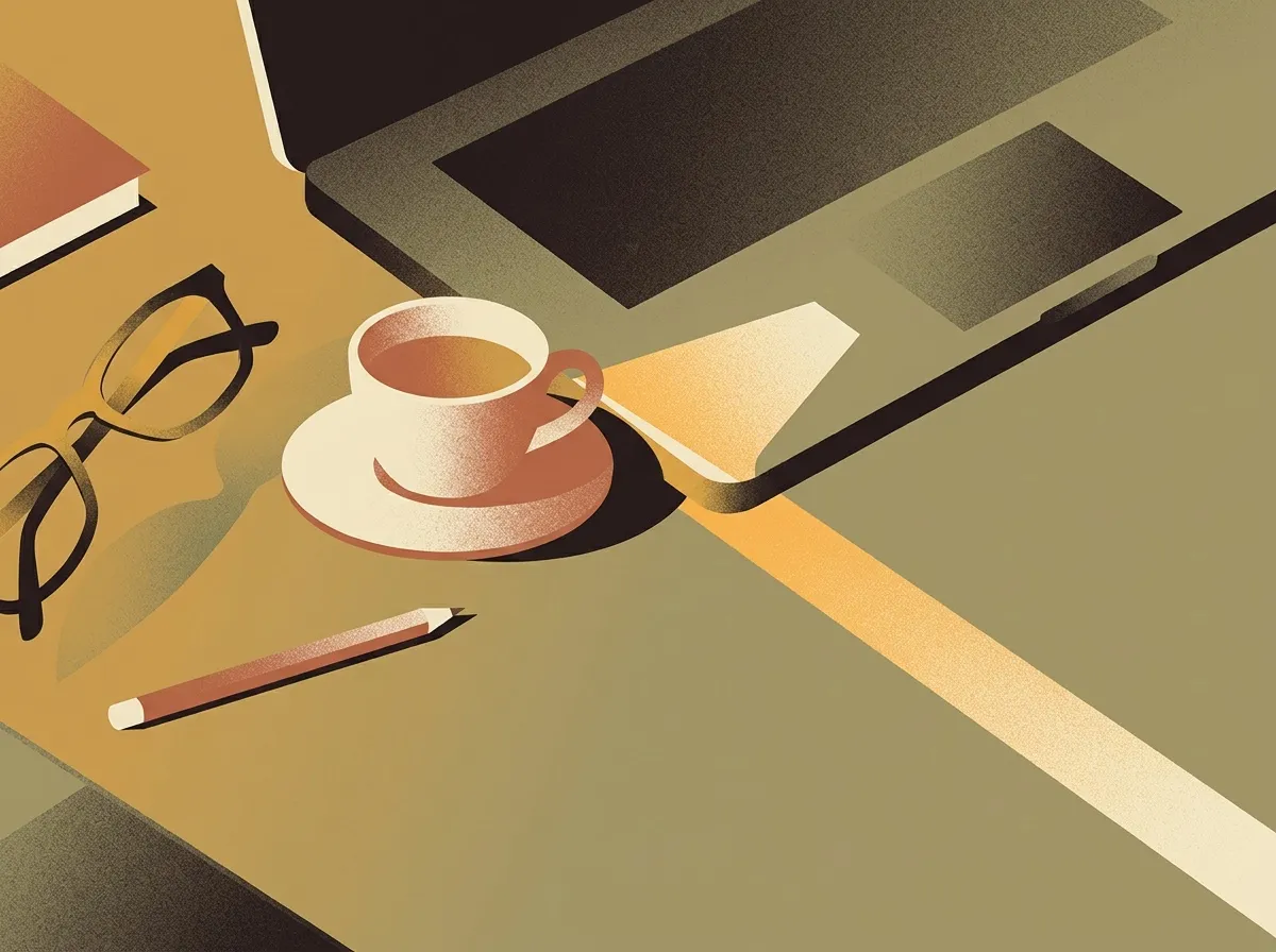 夕方の机に寄って描いたイラスト。ノートパソコンの角のそばにコーヒーカップが置かれ、眼鏡と鉛筆、本が並び、机を光の帯が横切っている