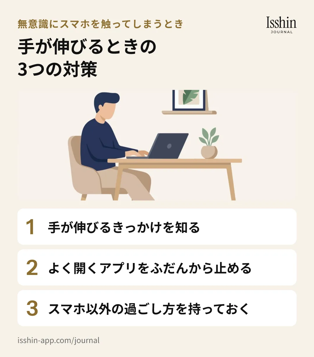 無意識にスマホに手が伸びるときの3つの対策の図。1. 手が伸びるきっかけを知る、2. よく開くアプリをふだんから止める、3. スマホ以外の過ごし方を持っておく